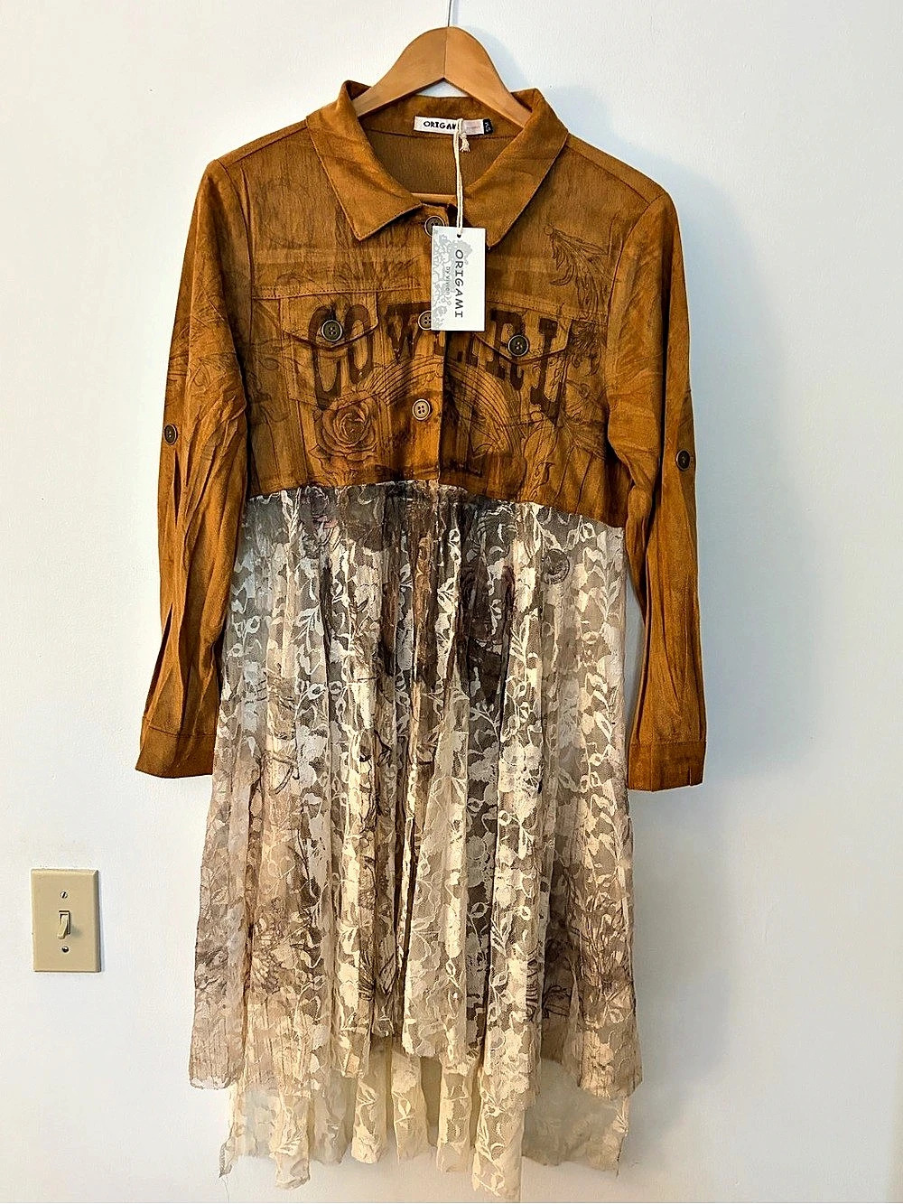 Origami Floral Midi Dress in Brown & Cream Size Small NWT